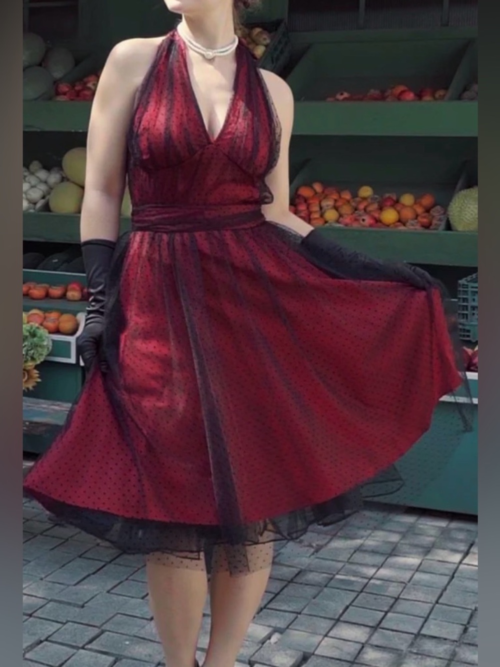 RETRO STGAGE RED 1950S HALTER DOTS MESH SWING DRESS ARM PIT 16” NWT